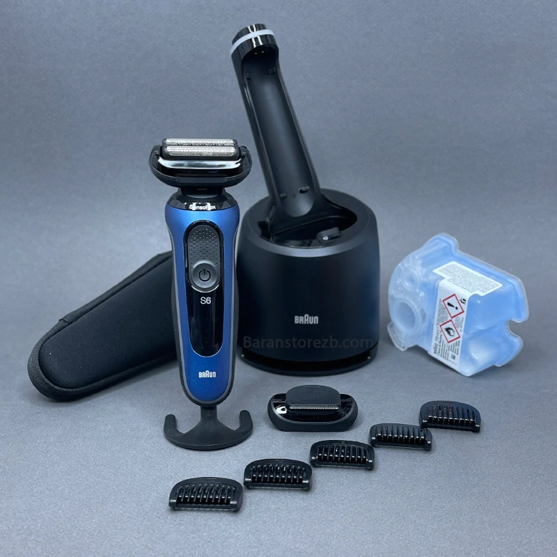 Series 6 61-B7500cc wet and dry shaver with cleaning station and EasyClick attachment, blue.