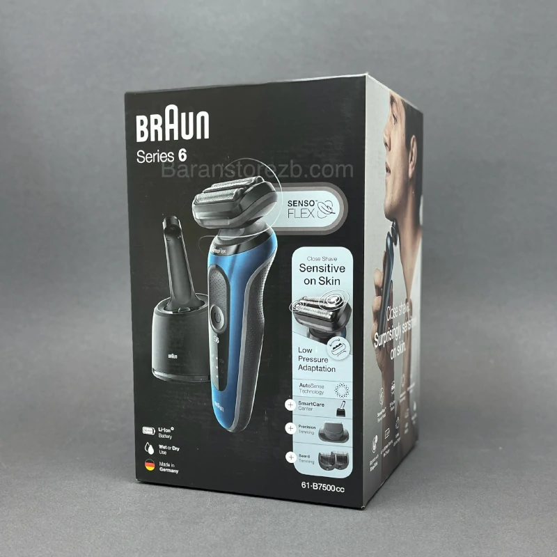 Series 6 61-B7500cc wet and dry shaver with cleaning station and EasyClick attachment, blue.